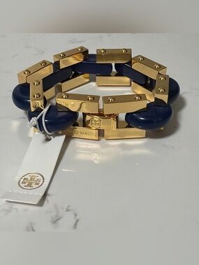 NWT Tory Burch Chunky Statement Gold Tone Bracelet With Navy Blue Enamel Inlay